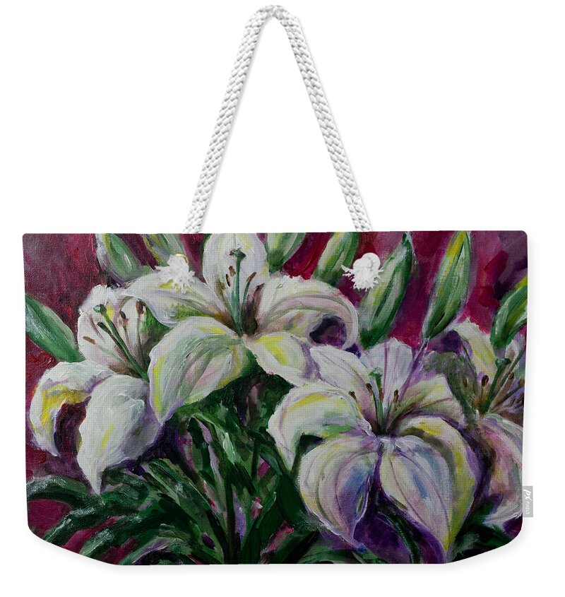 Lilies Weekender Tote Bag featuring the painting White Lilies by Maxim Komissarchik