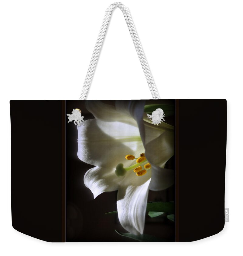 White Weekender Tote Bag featuring the photograph White Lily by Kay Novy