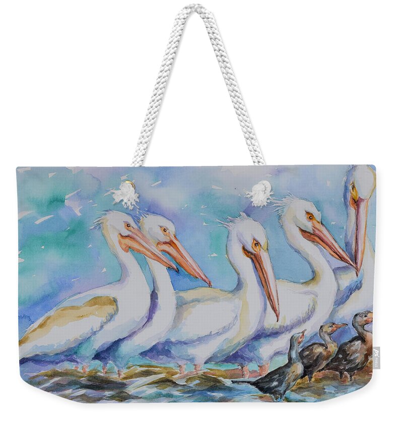 White Pelicans Weekender Tote Bag featuring the painting White Pelicans by Jyotika Shroff