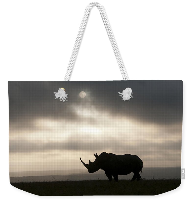Feb0514 Weekender Tote Bag featuring the photograph White Rhinoceros At Sunset Kenya by Tui De Roy