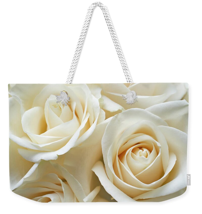 Petal Weekender Tote Bag featuring the photograph White Roses by Creativeye99