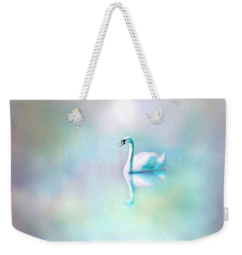 White Swan Weekender Tote Bag featuring the digital art White Swan in the fog by Lilia D