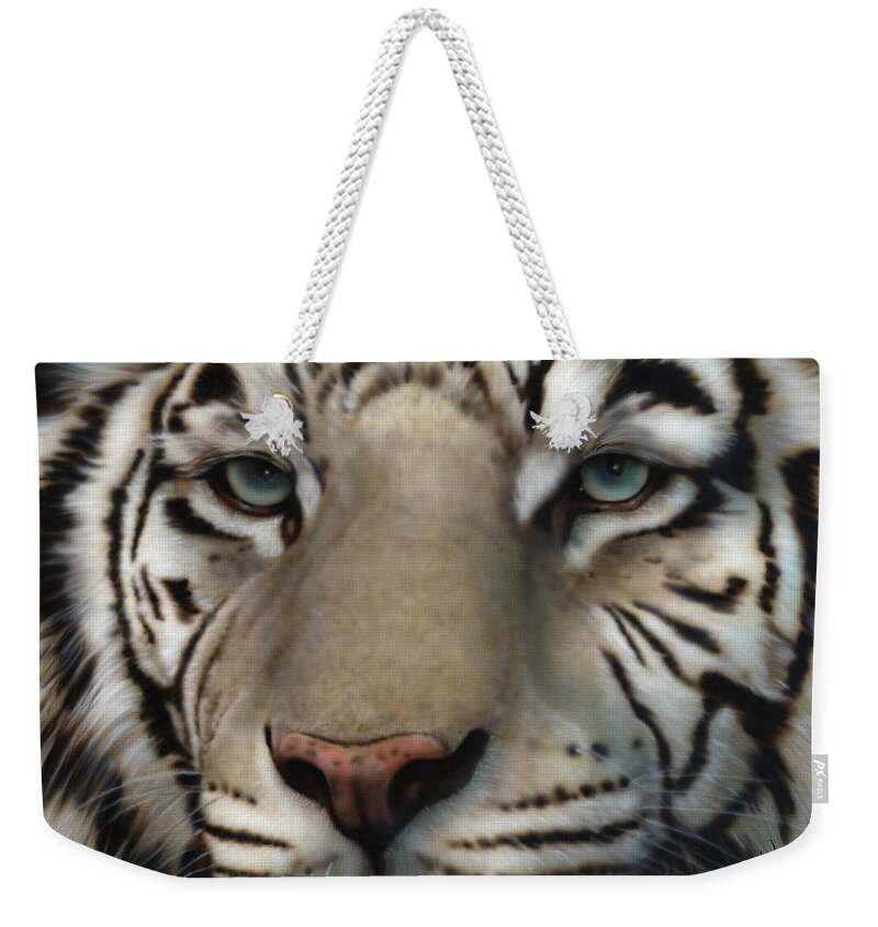Siberian Tiger Weekender Tote Bag featuring the painting White Tiger - Up Close and Personal by Wayne Pruse