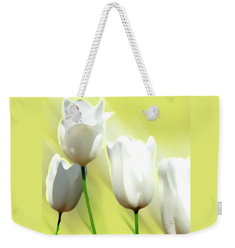White Flower Weekender Tote Bag featuring the photograph White Tulips by Ben and Raisa Gertsberg