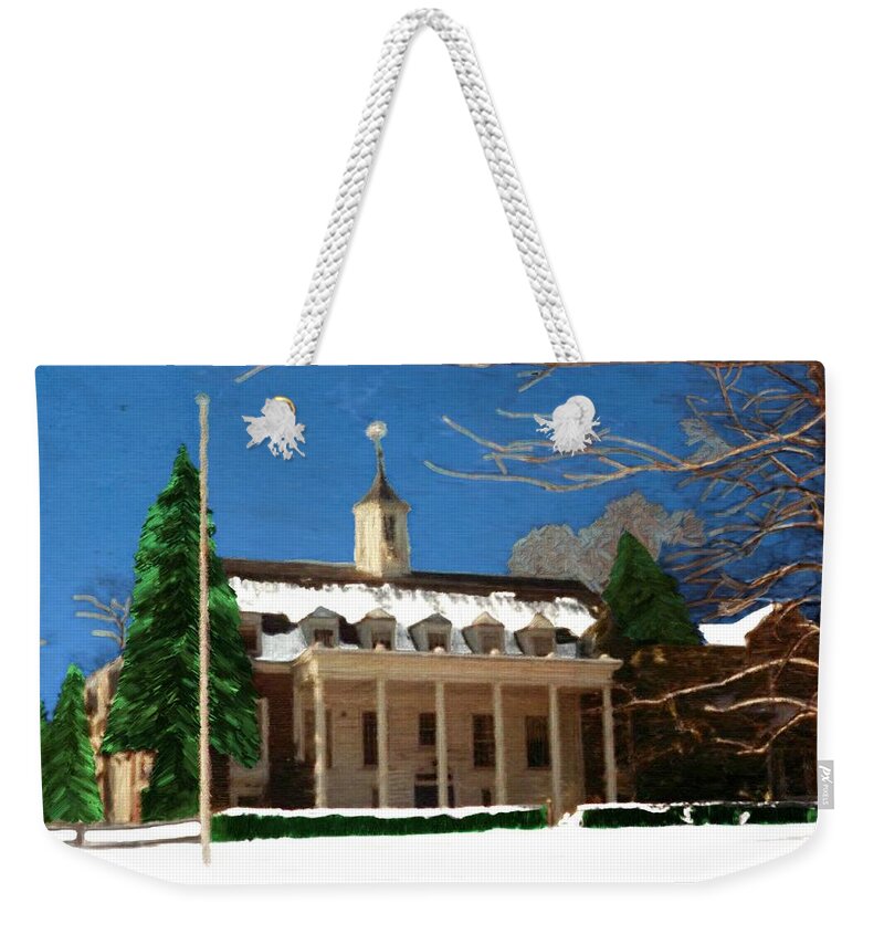 Northeastern Weekender Tote Bag featuring the painting Whittle Hall in the Winter by Bruce Nutting