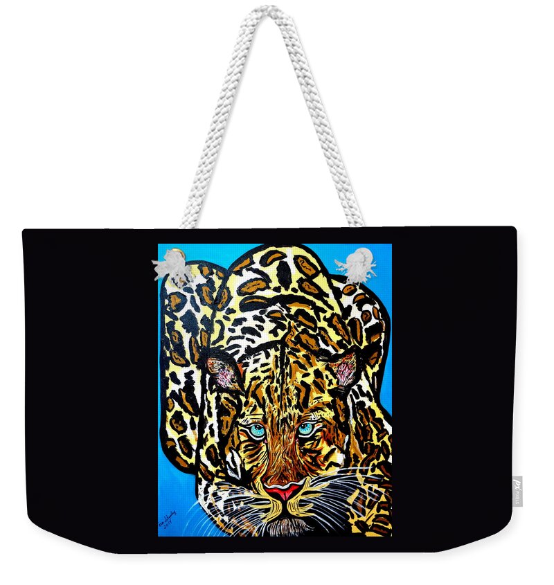 Wildcat Weekender Tote Bag featuring the painting Wild Cat by Nora Shepley