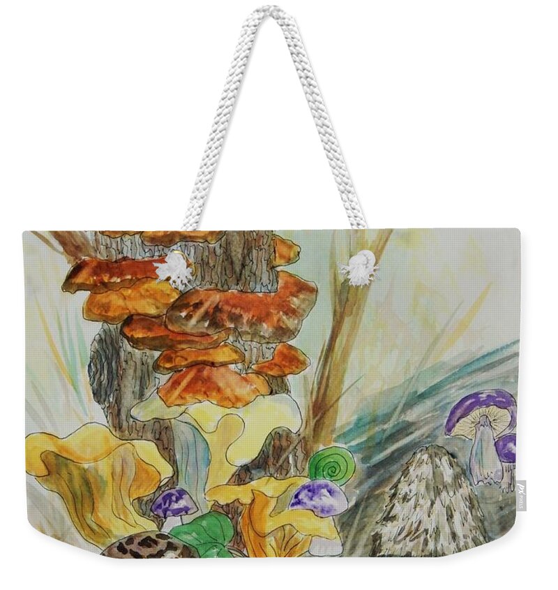 Mushrooms Weekender Tote Bag featuring the painting Wild Edible Mushrooms by Ellen Levinson