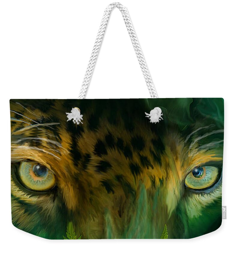 Jaguar Weekender Tote Bag featuring the mixed media Wild Eyes - Jaguar by Carol Cavalaris