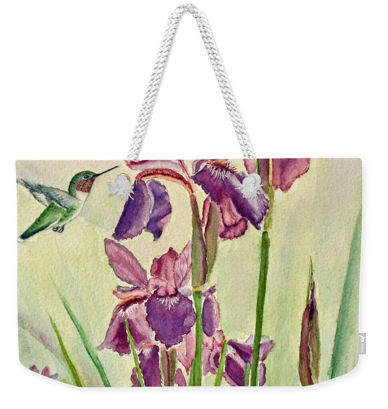 Hummingbird Weekender Tote Bag featuring the painting Wild Iris Nectar by Kathryn Duncan