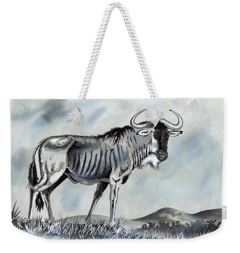 Grey Weekender Tote Bag featuring the drawing Wildebeest by Anthony Mwangi