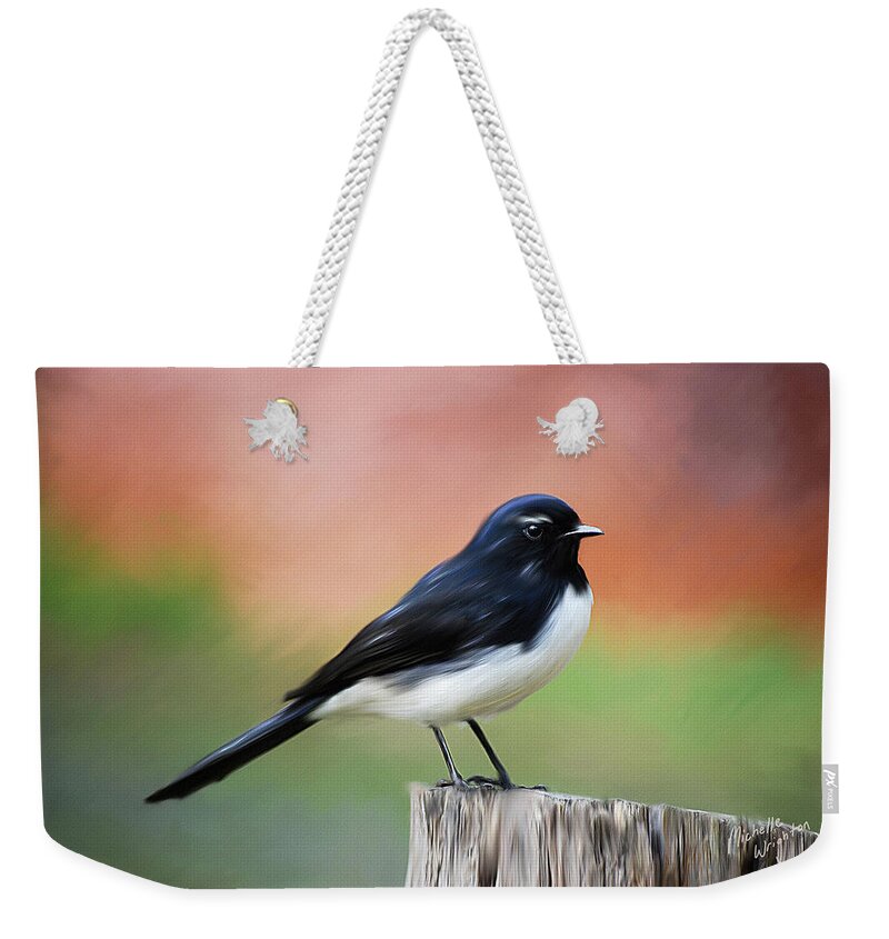 Willy Weekender Tote Bag featuring the painting Willy Wagtail Austalian Bird Painting by Michelle Wrighton