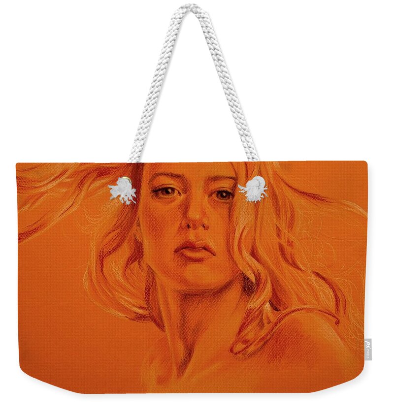  Weekender Tote Bag featuring the drawing Wind. Study of female head and hair. by Alena Nikifarava