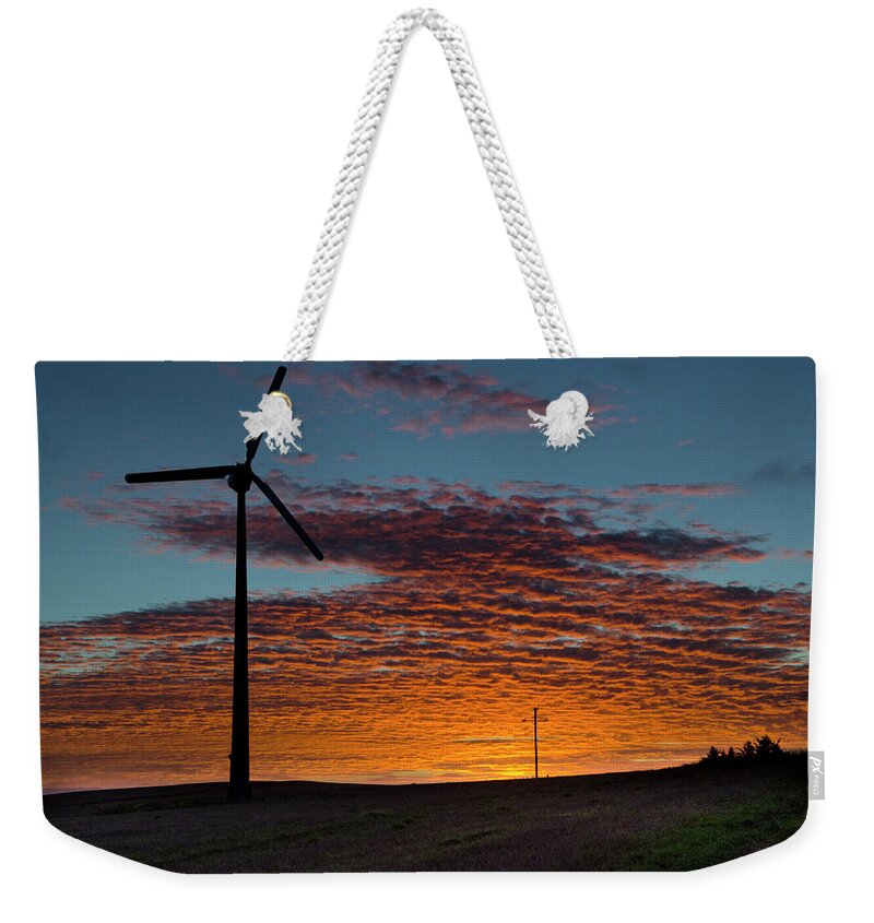Tranquility Weekender Tote Bag featuring the photograph Wind Turbine And Sunset by Mark A Leman