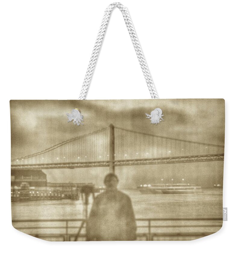 San Francisco Weekender Tote Bag featuring the photograph window self-portrait Embarcadero San Francisco by SC Heffner