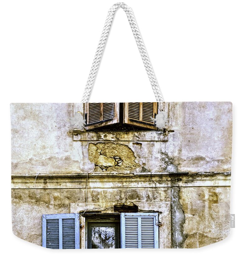 Aged Weekender Tote Bag featuring the photograph Shutters by Maria Coulson