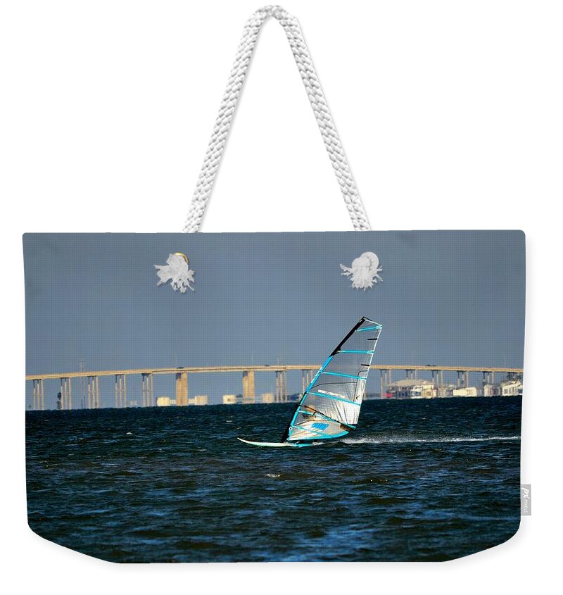 Sport Weekender Tote Bag featuring the photograph Windsailing by JFK Causeway by Kristina Deane