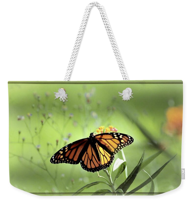Monarch Photograph Print Weekender Tote Bag featuring the photograph Wings In Soft Green by Lucy VanSwearingen