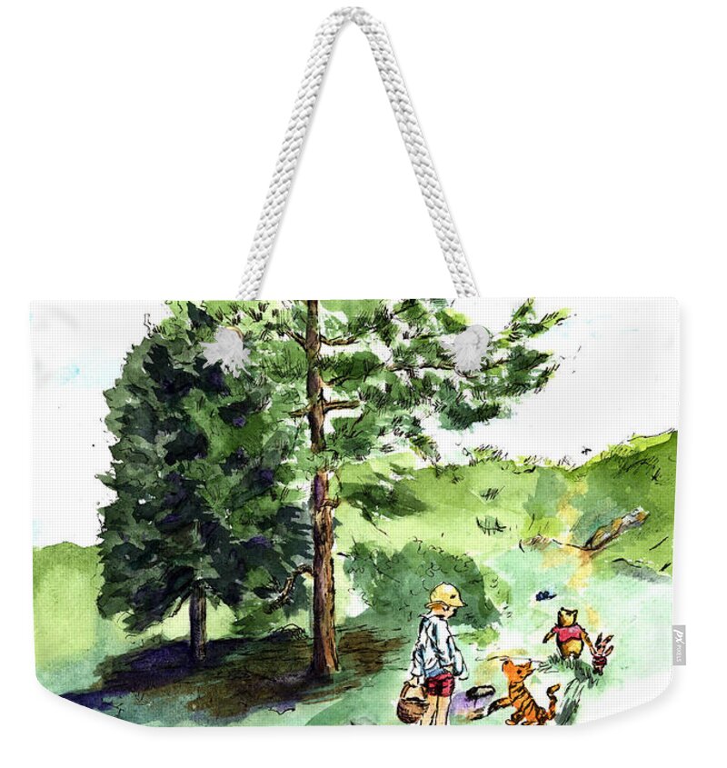 Winnie The Pooh Weekender Tote Bag featuring the painting Winnie the Pooh with Christopher Robin after E H Shepard by Maria Hunt