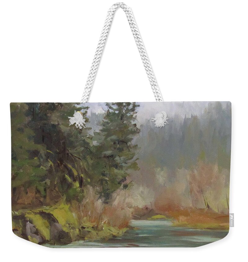 Plein Air Weekender Tote Bag featuring the painting Winter at Swiftwater by Karen Ilari