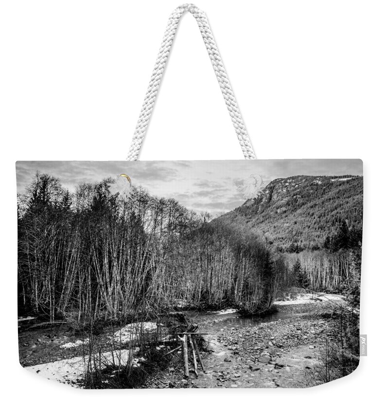 Black And White Weekender Tote Bag featuring the photograph Winter Backroads Englishman River by Roxy Hurtubise