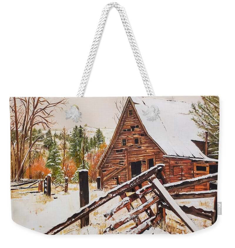 Winter Weekender Tote Bag featuring the painting Winter - Barn - Snow in Nevada by Jan Dappen