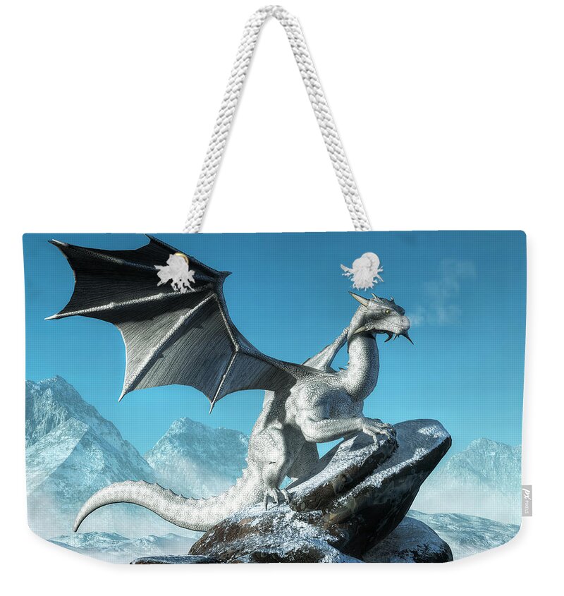 White Dragon Weekender Tote Bag featuring the digital art Winter Dragon by Daniel Eskridge