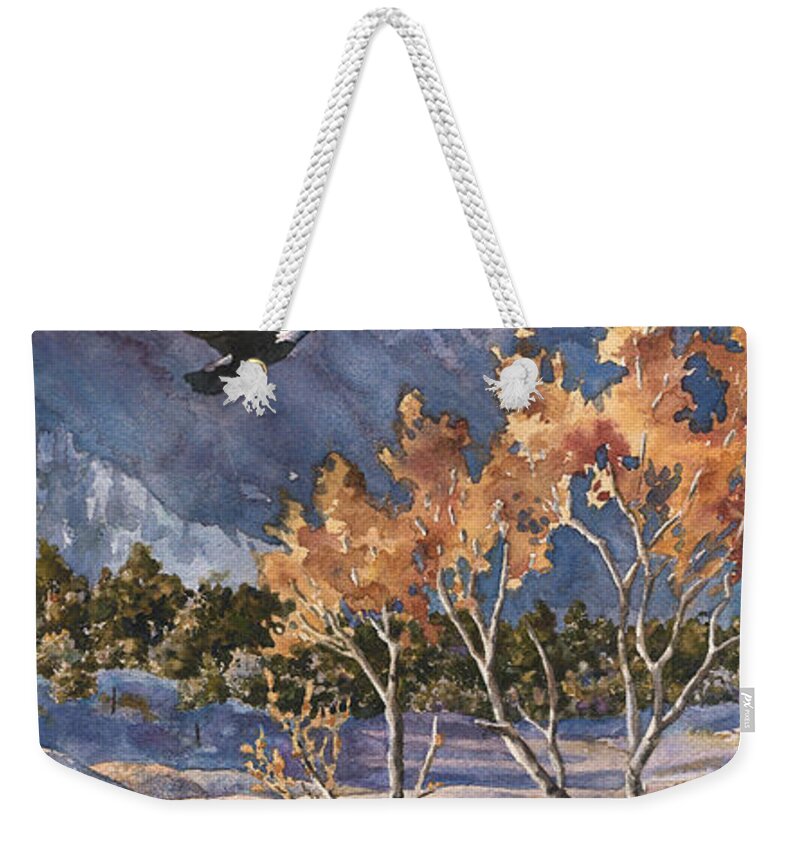 Colorado Rocky Mountain Painting Weekender Tote Bag featuring the painting Winter Drift by Anne Gifford
