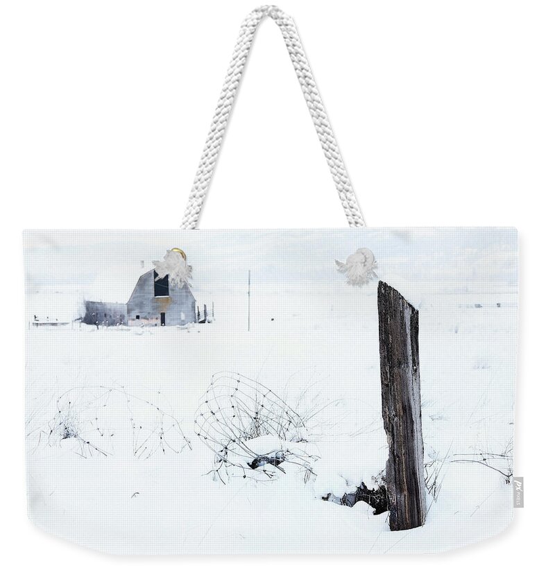 Fence Weekender Tote Bag featuring the photograph Winter Fence With Barn by Theresa Tahara