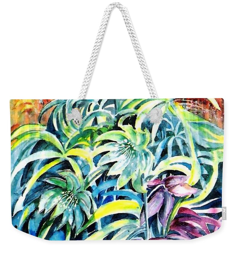 Hellebores Weekender Tote Bag featuring the painting Winter Hellebores, the Christmas Rose.  by Trudi Doyle