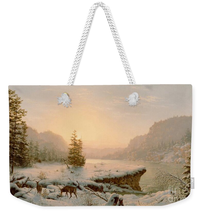 Scene; Remote; American; Landscape; Countryside; Rural; Wilderness; Deer; Animal; Animals; Nature; Snow; Snow-covered; Fir-tree; Fir; Tree; Trees; Firs; Lake; River; Dawn; Dusk; Morning; Evening; Sunrise; Sunset; Atmospheric; Beauty; Beautiful; Spectacular; Majestic; Buck Weekender Tote Bag featuring the painting Winter Landscape by Mortimer L Smith