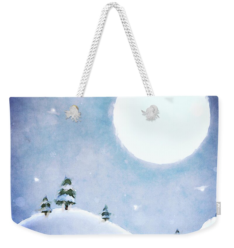 Moon Weekender Tote Bag featuring the digital art Winter Moon Over Snowy Landscape by Phil Perkins