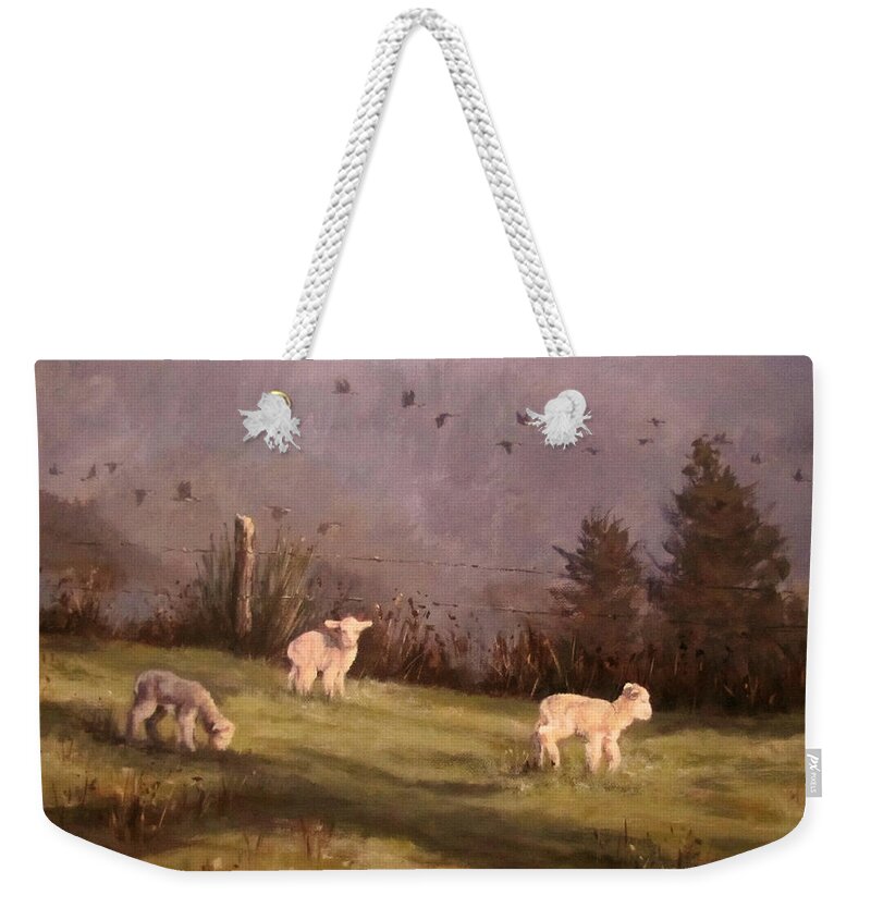 Country Weekender Tote Bag featuring the painting Winter Morning by Karen Ilari