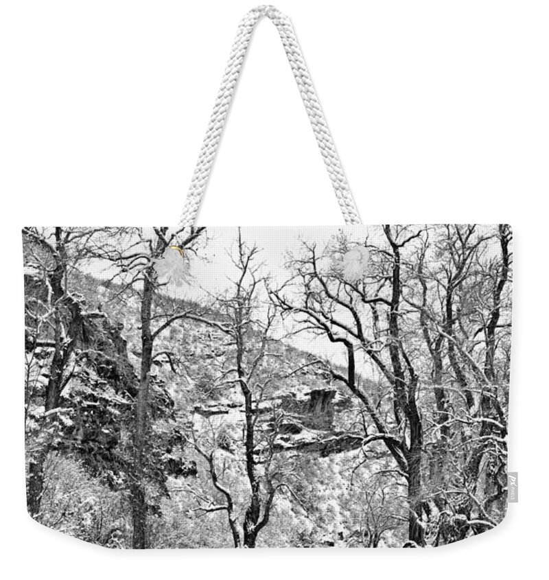 Trees Weekender Tote Bag featuring the photograph Winter Road Black and White by James BO Insogna