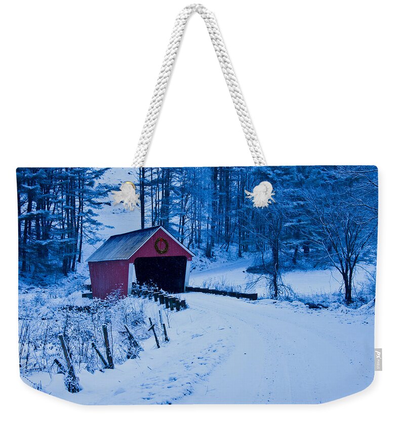 Vermont Covered Bridge Weekender Tote Bag featuring the photograph winter Vermont covered bridge by Jeff Folger