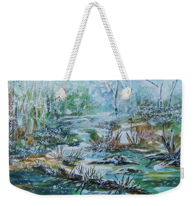 Creek Weekender Tote Bag featuring the painting Winter Whispers on Catskill Creek by Ellen Levinson