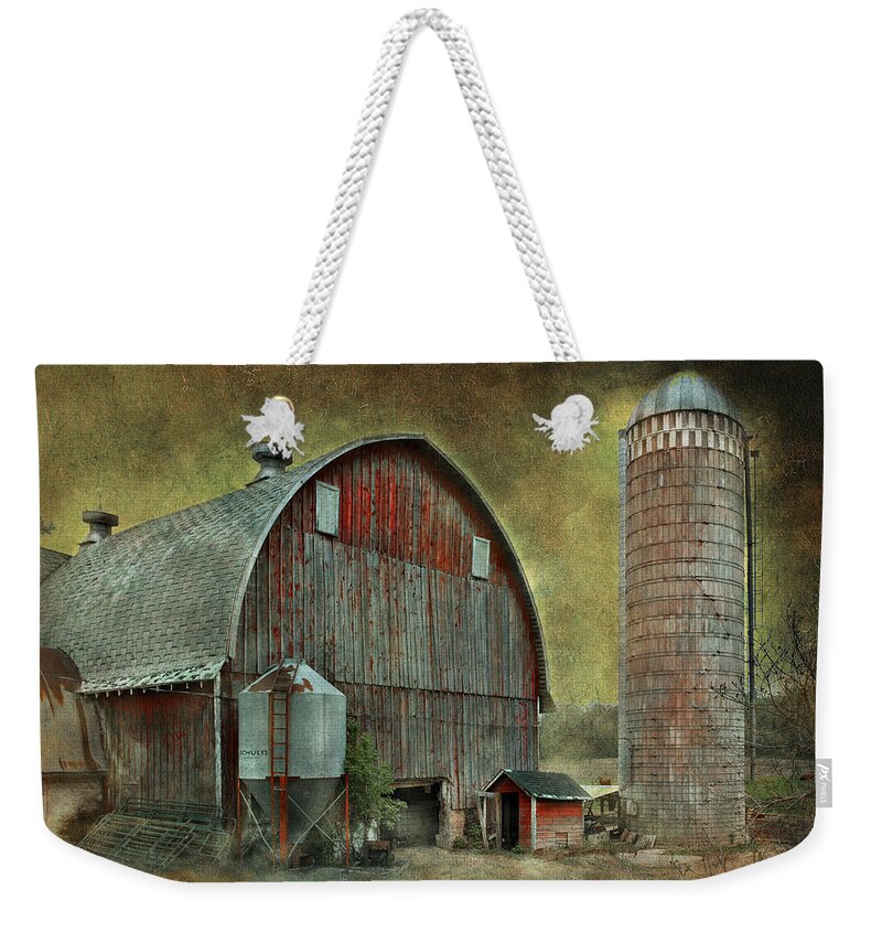 Wisconsin; Barns; Wisconsin Barns; Crib Barn; Cows; Pasture; Landscape; Digital Landscape; Jeff Burgess; Imagesfx; Jeff Burgess Photography; Vacation; Cattle; Midwest; United States Midwest; Trees; Metal; Roof; Red; Red Barn Weekender Tote Bag featuring the photograph Wisconsin Barn - Series by Jeff Burgess
