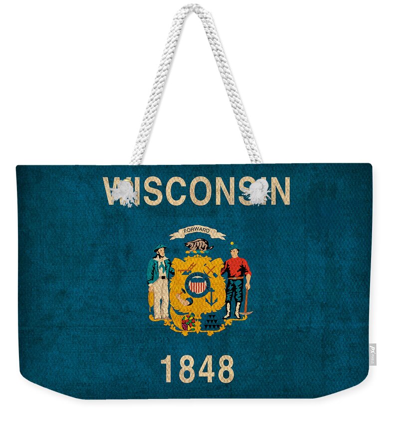Wisconsin Weekender Tote Bag featuring the mixed media Wisconsin State Flag Art on Worn Canvas by Design Turnpike
