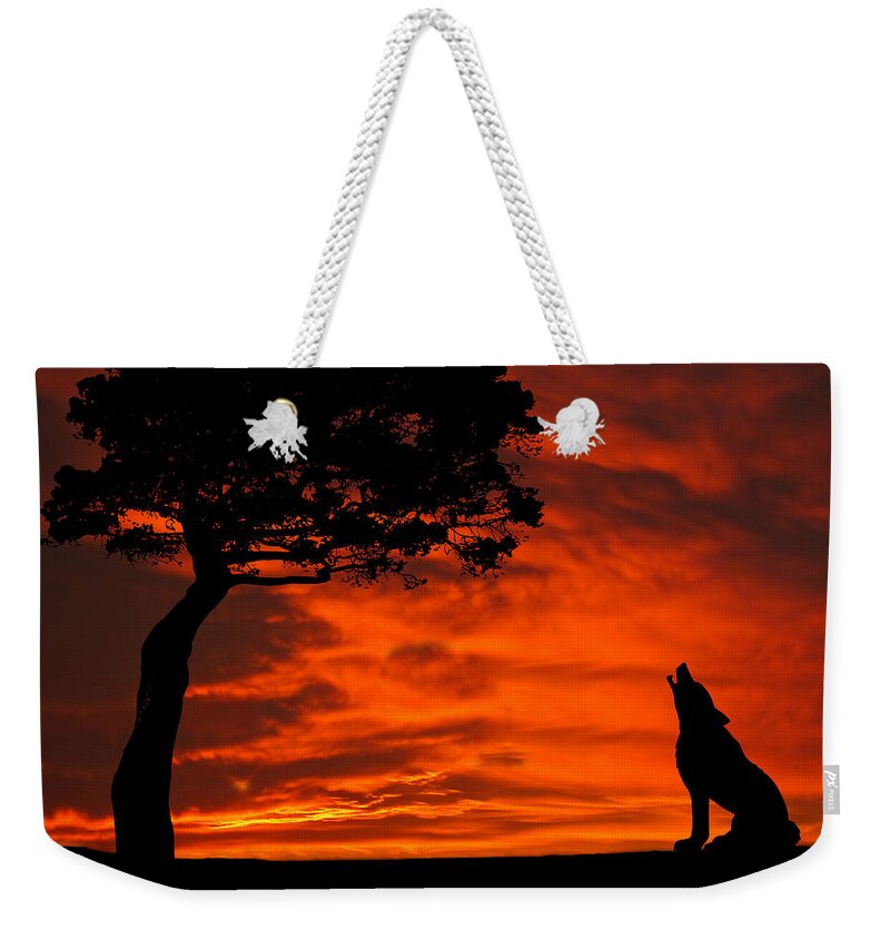 Wolf Weekender Tote Bag featuring the photograph Wolf Calling For Mate Sunset Silhouette Series by David Dehner