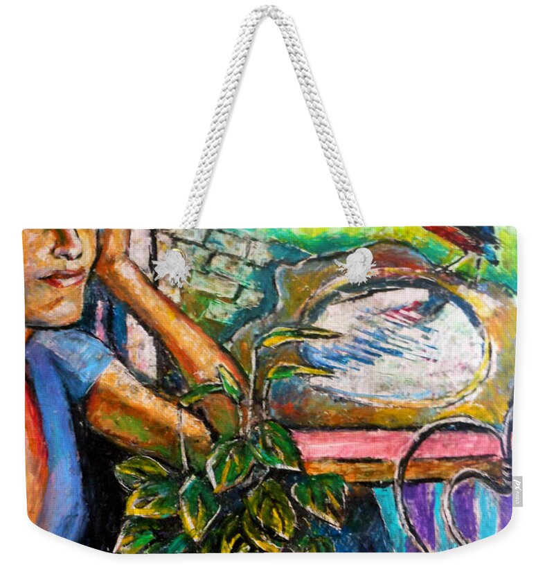 Woman Weekender Tote Bag featuring the drawing Woman and Robin by Stan Esson