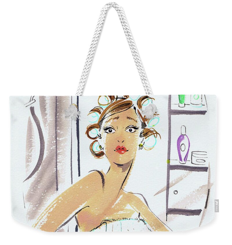 20-24 Years Weekender Tote Bag featuring the painting Woman In Curlers And Towel Looking by Ikon Images