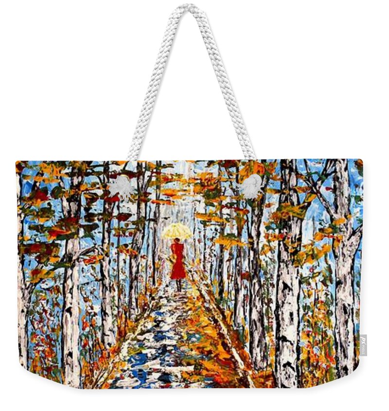 Acrylic Fall Landscape Weekender Tote Bag featuring the painting Woman in Red in Fall Rainy Day by Georgeta Blanaru