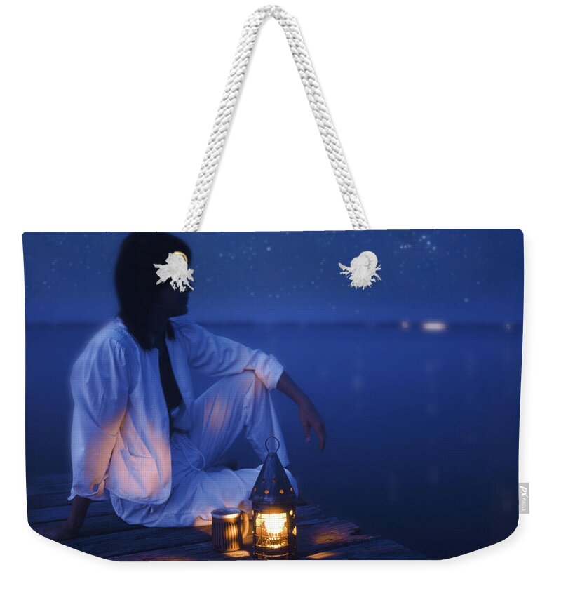 Woman; Female; Sit Weekender Tote Bag featuring the photograph Woman On Dock At Night by Bryan Allen