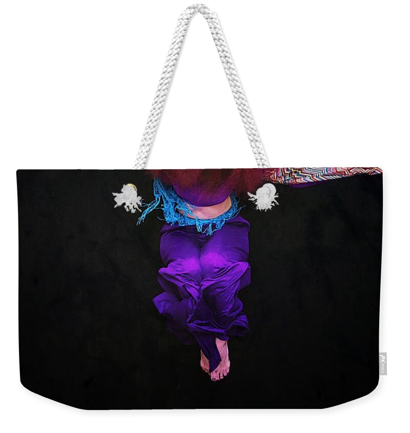 Human Arm Weekender Tote Bag featuring the photograph Woman With Big Hair Jumping by Cynthia Saxon Cox