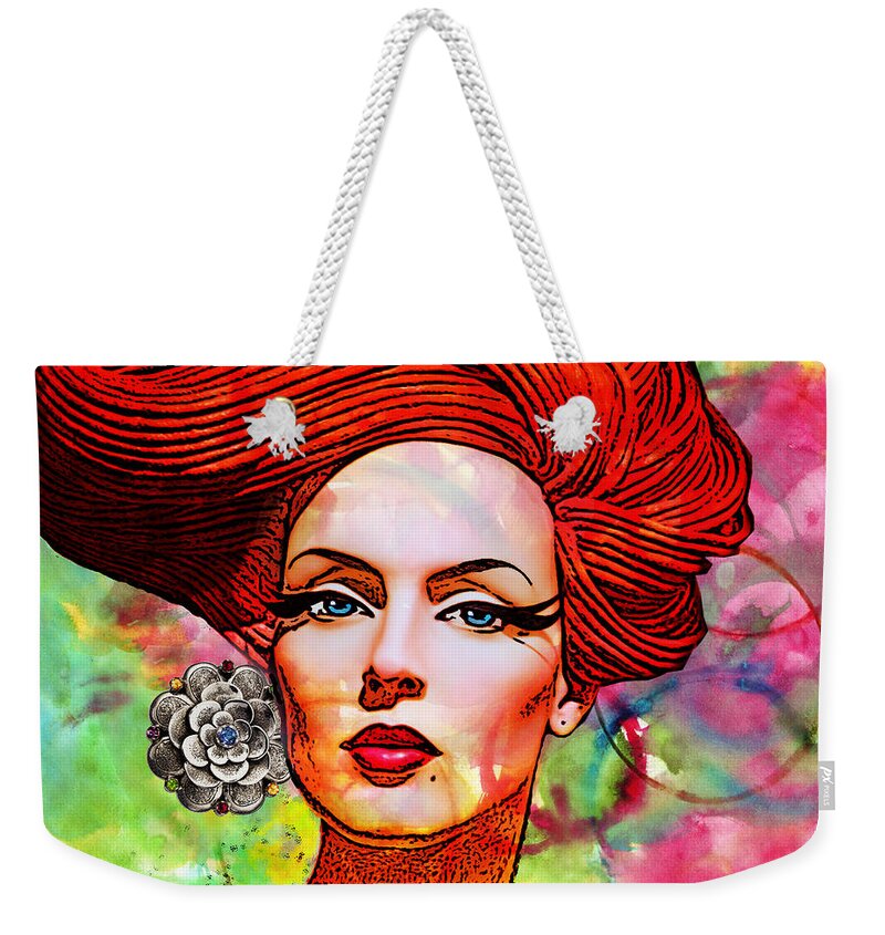 Redhead Weekender Tote Bag featuring the mixed media Woman With Earring by Chuck Staley