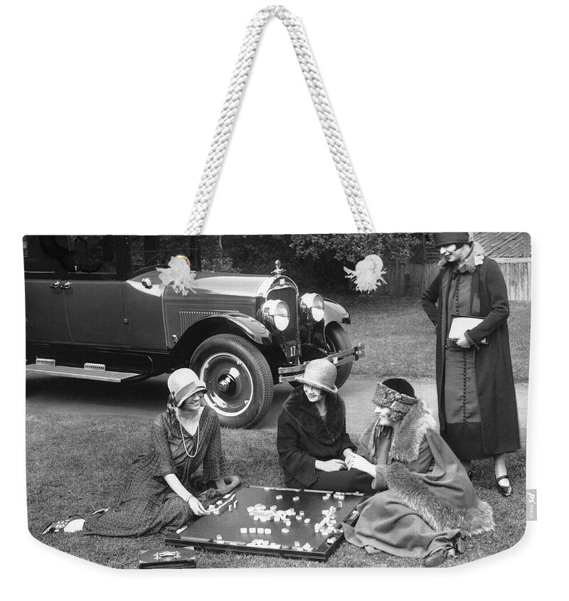 1920s Weekender Tote Bag featuring the photograph Women Playing Mahjong by Underwood Archives