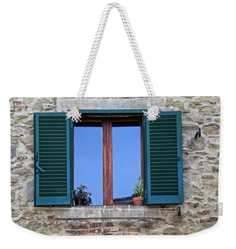 Window Weekender Tote Bag featuring the photograph Wood brown Window with Green Shutters of Tuscany by David Letts