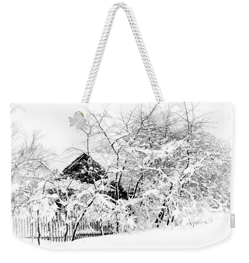 Snow Weekender Tote Bag featuring the photograph Wooden House after Heavy Snowfall. Russia by Jenny Rainbow