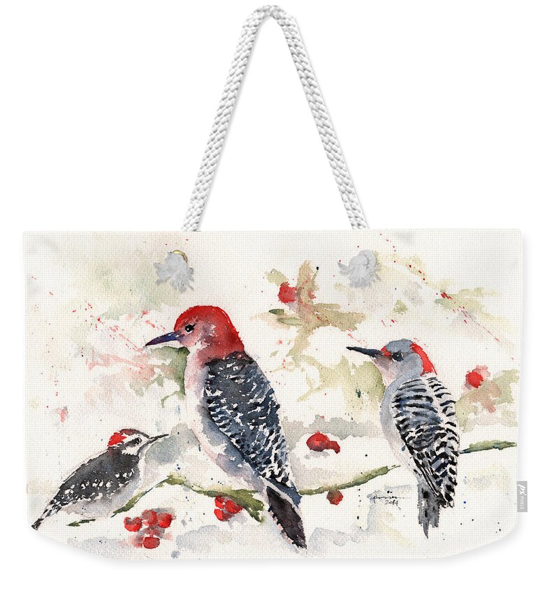 Woodpecker Weekender Tote Bag featuring the painting Woodpeckers in the Snow by Claudia Hafner