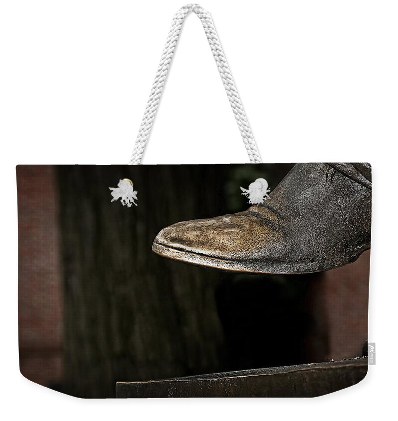Yale Weekender Tote Bag featuring the photograph Woolsey Statue Shoe at Yale by Phil Cardamone