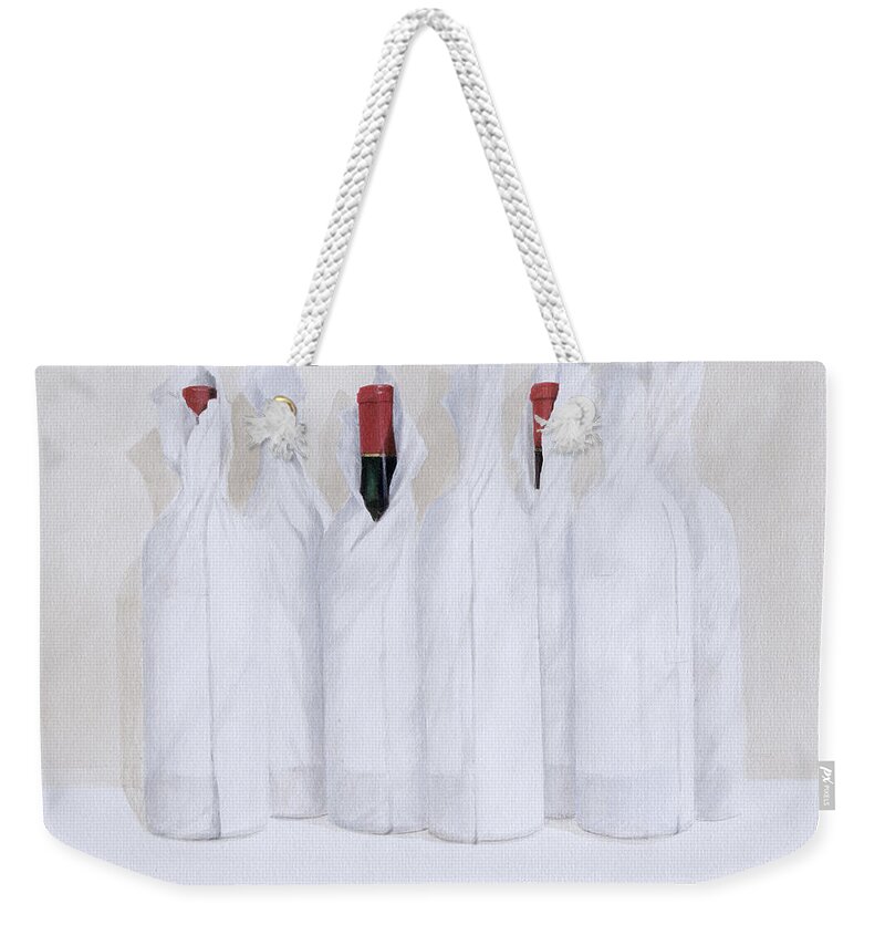 Bottle; Wrapping; Paper; Alcohol; Alcoholic; Beverage; Drink; Wine Weekender Tote Bag featuring the painting Wrapped bottles 3 2003 by Lincoln Seligman